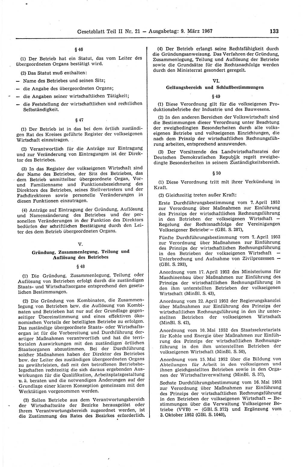 Gesetzblatt (GBl.) der Deutschen Demokratischen Republik (DDR) Teil ⅠⅠ 1967, Seite 133 (GBl. DDR ⅠⅠ 1967, S. 133)