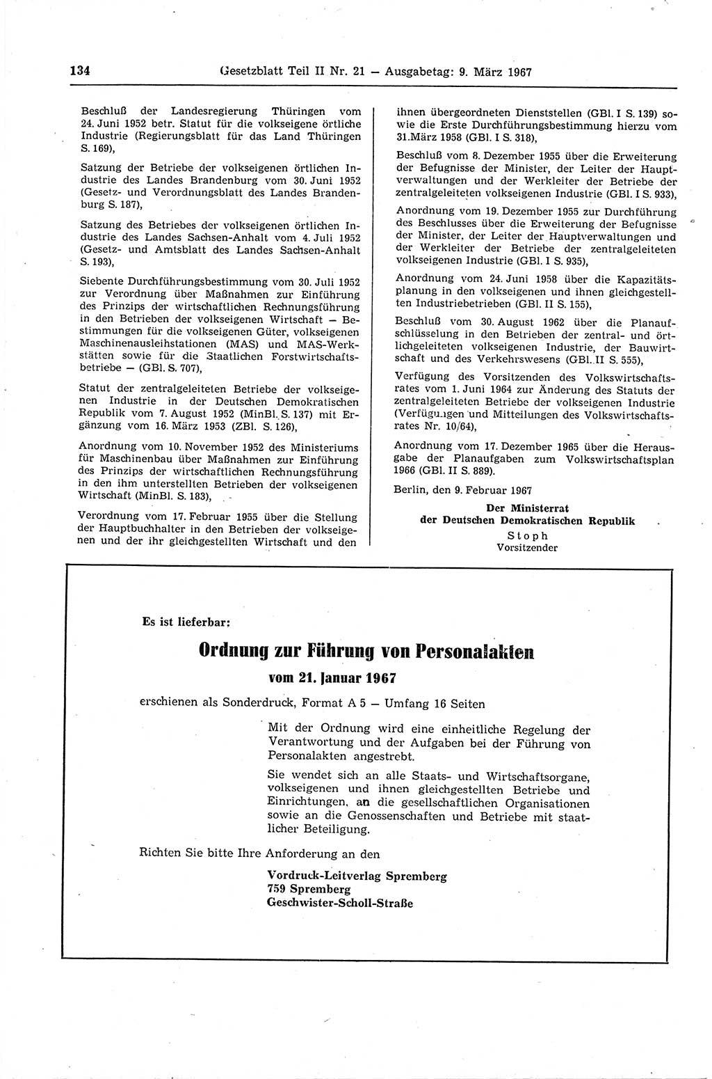 Gesetzblatt (GBl.) der Deutschen Demokratischen Republik (DDR) Teil ⅠⅠ 1967, Seite 134 (GBl. DDR ⅠⅠ 1967, S. 134)