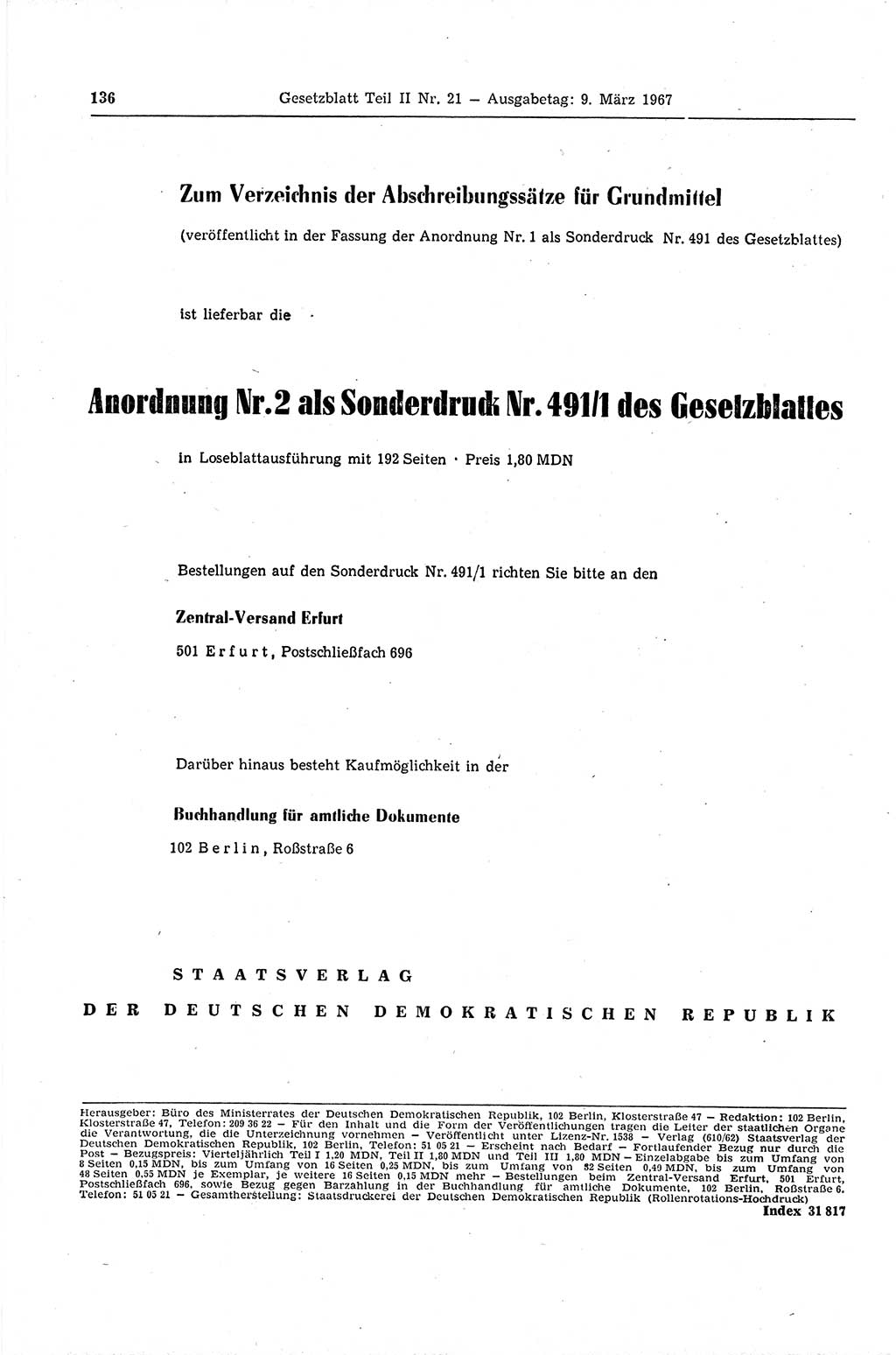 Gesetzblatt (GBl.) der Deutschen Demokratischen Republik (DDR) Teil ⅠⅠ 1967, Seite 136 (GBl. DDR ⅠⅠ 1967, S. 136)