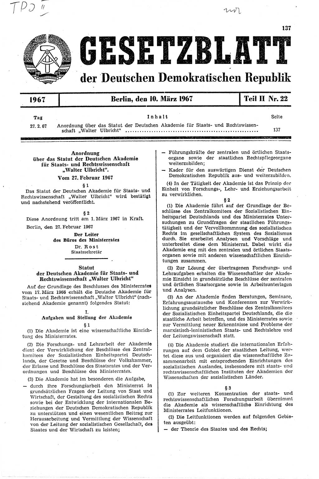 Gesetzblatt (GBl.) der Deutschen Demokratischen Republik (DDR) Teil ⅠⅠ 1967, Seite 137 (GBl. DDR ⅠⅠ 1967, S. 137)