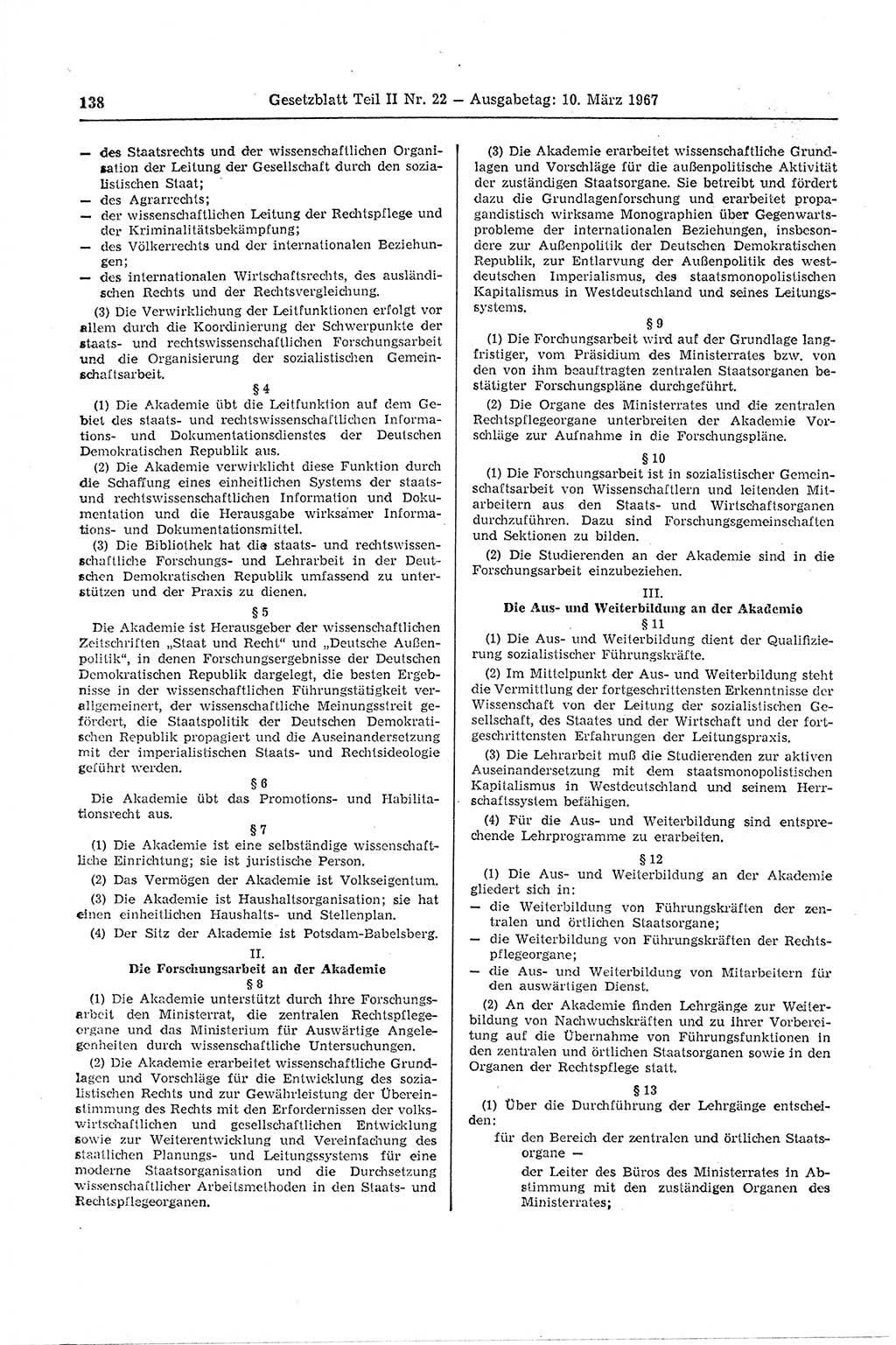 Gesetzblatt (GBl.) der Deutschen Demokratischen Republik (DDR) Teil ⅠⅠ 1967, Seite 138 (GBl. DDR ⅠⅠ 1967, S. 138)
