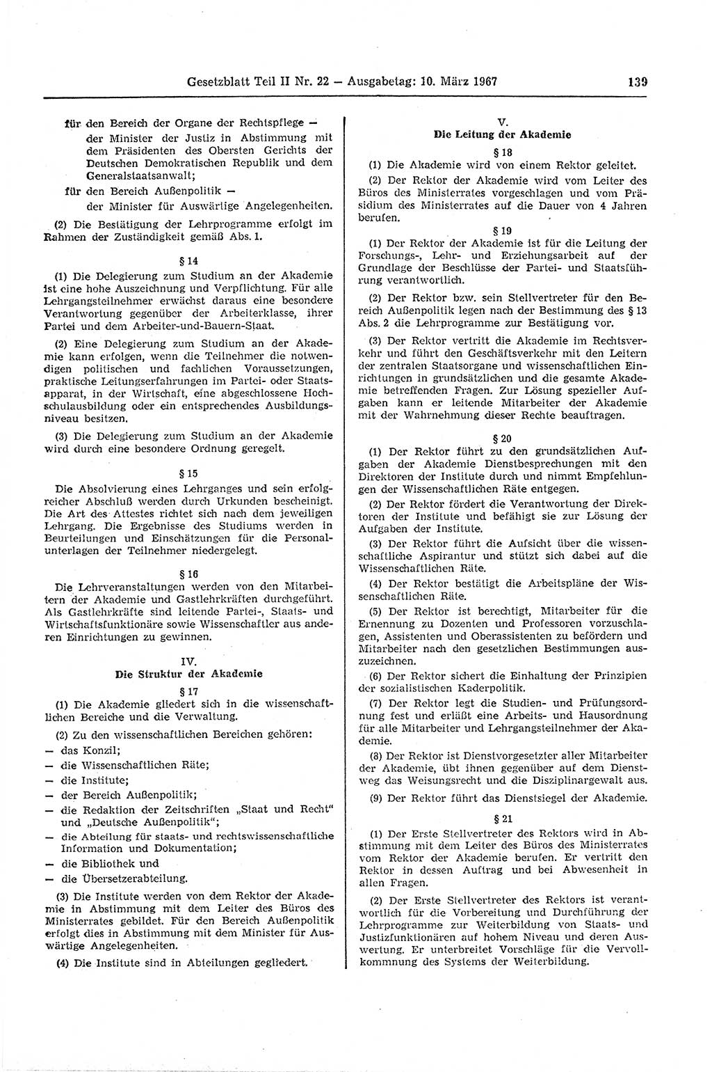 Gesetzblatt (GBl.) der Deutschen Demokratischen Republik (DDR) Teil ⅠⅠ 1967, Seite 139 (GBl. DDR ⅠⅠ 1967, S. 139)