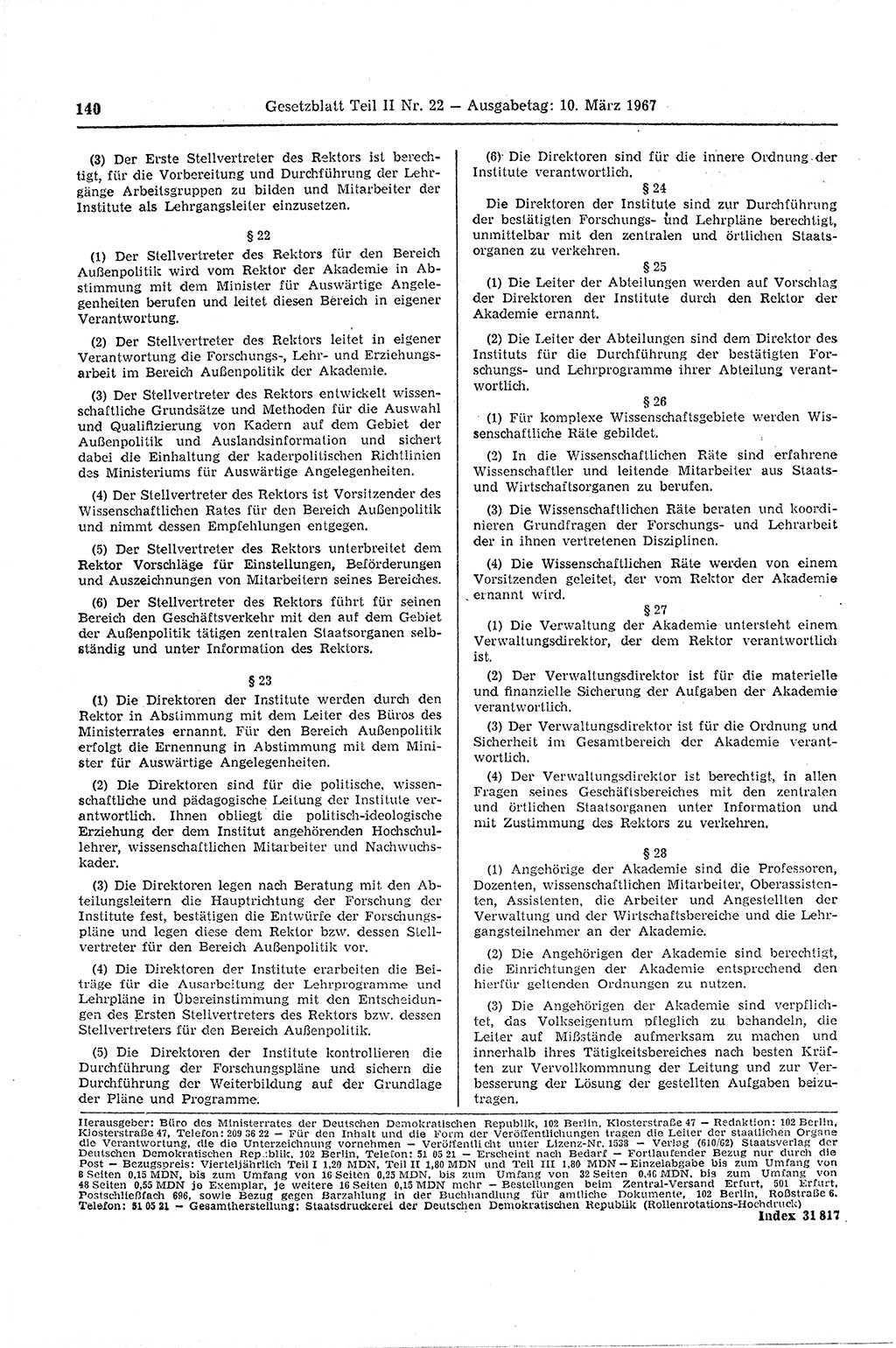 Gesetzblatt (GBl.) der Deutschen Demokratischen Republik (DDR) Teil ⅠⅠ 1967, Seite 140 (GBl. DDR ⅠⅠ 1967, S. 140)
