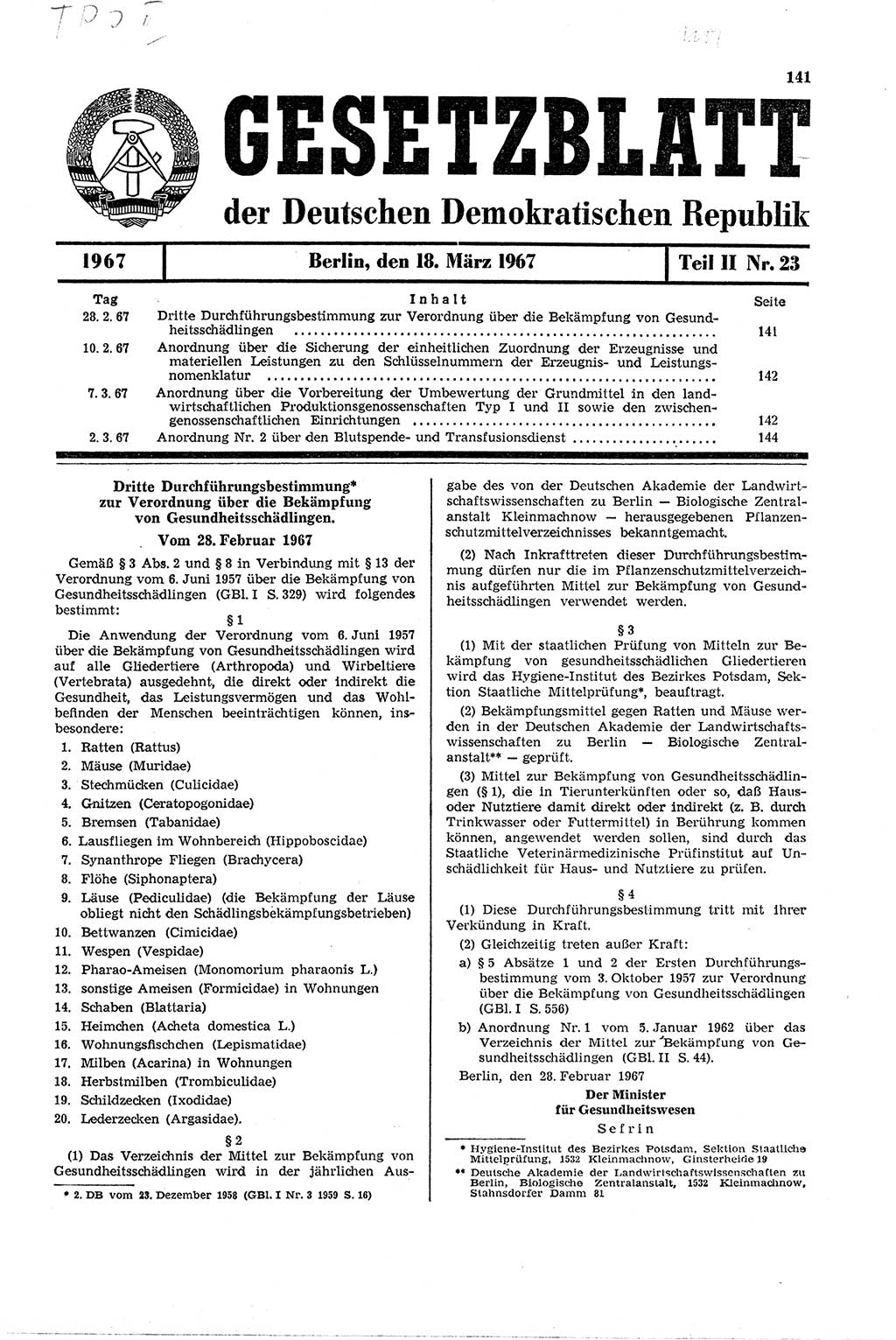 Gesetzblatt (GBl.) der Deutschen Demokratischen Republik (DDR) Teil ⅠⅠ 1967, Seite 141 (GBl. DDR ⅠⅠ 1967, S. 141)