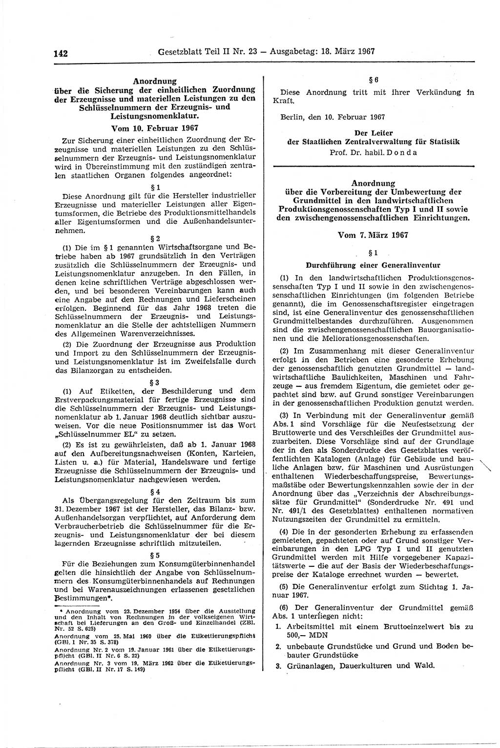 Gesetzblatt (GBl.) der Deutschen Demokratischen Republik (DDR) Teil ⅠⅠ 1967, Seite 142 (GBl. DDR ⅠⅠ 1967, S. 142)