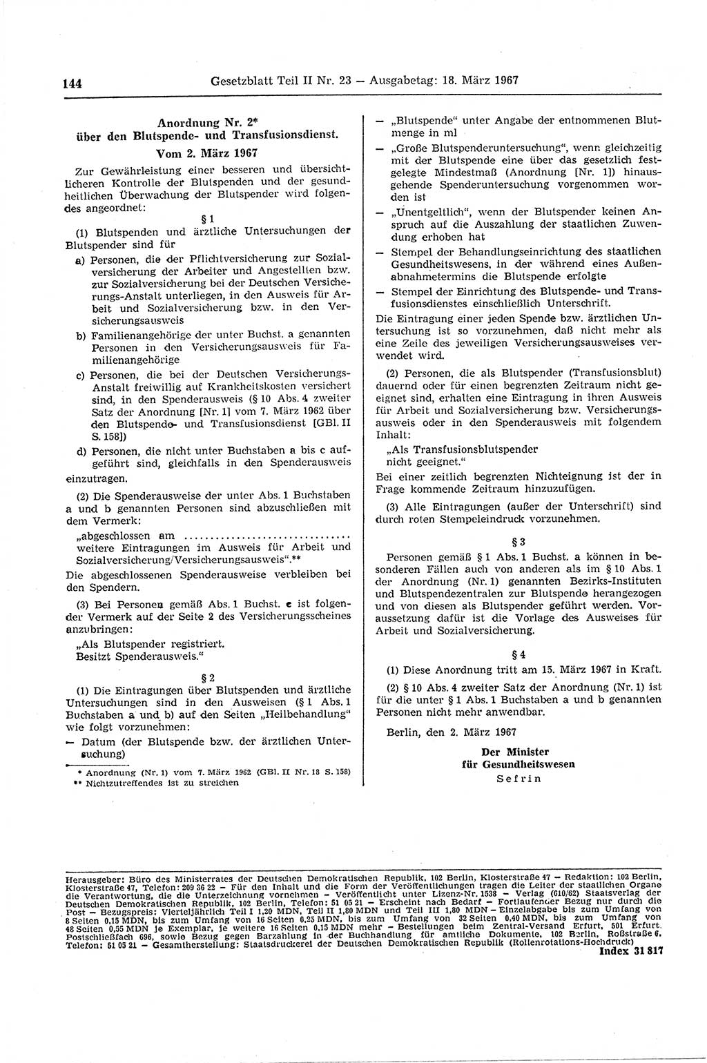 Gesetzblatt (GBl.) der Deutschen Demokratischen Republik (DDR) Teil ⅠⅠ 1967, Seite 144 (GBl. DDR ⅠⅠ 1967, S. 144)