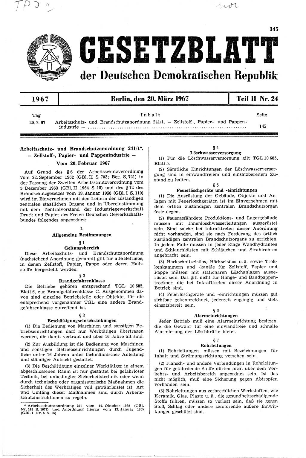 Gesetzblatt (GBl.) der Deutschen Demokratischen Republik (DDR) Teil ⅠⅠ 1967, Seite 145 (GBl. DDR ⅠⅠ 1967, S. 145)