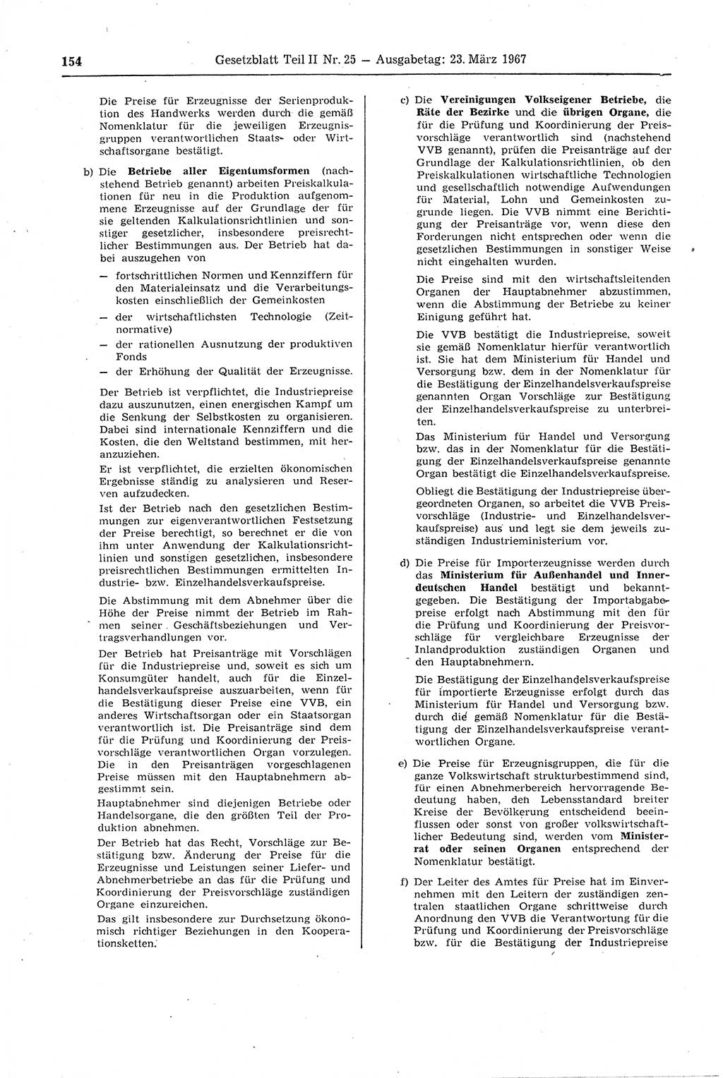Gesetzblatt (GBl.) der Deutschen Demokratischen Republik (DDR) Teil ⅠⅠ 1967, Seite 154 (GBl. DDR ⅠⅠ 1967, S. 154)