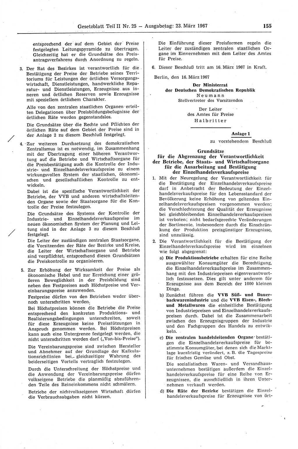 Gesetzblatt (GBl.) der Deutschen Demokratischen Republik (DDR) Teil ⅠⅠ 1967, Seite 155 (GBl. DDR ⅠⅠ 1967, S. 155)