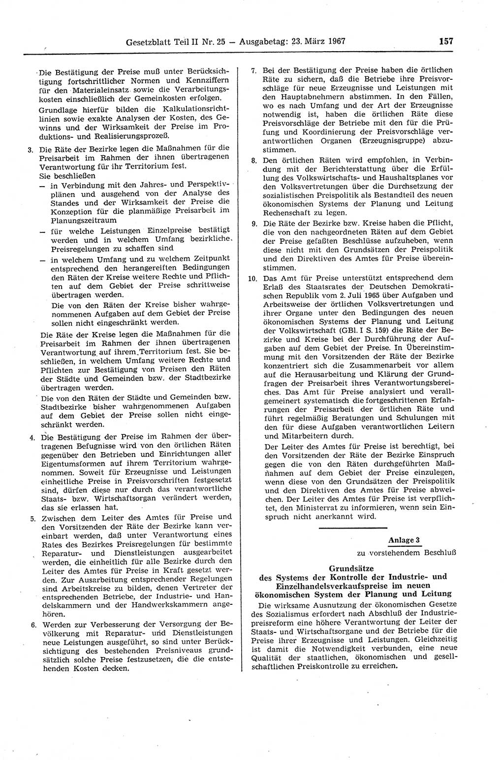 Gesetzblatt (GBl.) der Deutschen Demokratischen Republik (DDR) Teil ⅠⅠ 1967, Seite 157 (GBl. DDR ⅠⅠ 1967, S. 157)