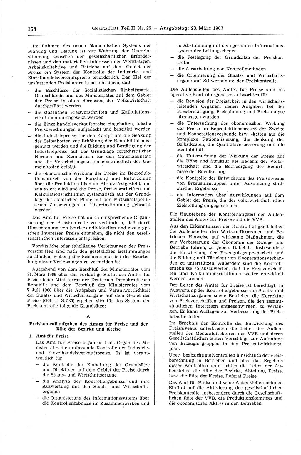 Gesetzblatt (GBl.) der Deutschen Demokratischen Republik (DDR) Teil ⅠⅠ 1967, Seite 158 (GBl. DDR ⅠⅠ 1967, S. 158)