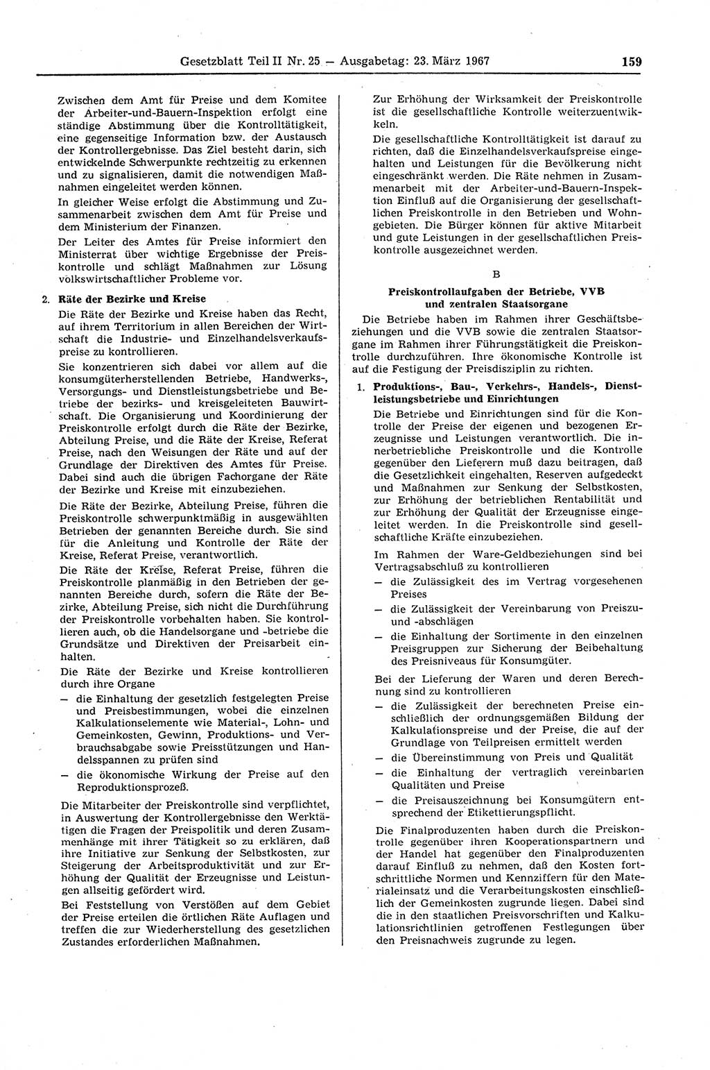Gesetzblatt (GBl.) der Deutschen Demokratischen Republik (DDR) Teil ⅠⅠ 1967, Seite 159 (GBl. DDR ⅠⅠ 1967, S. 159)