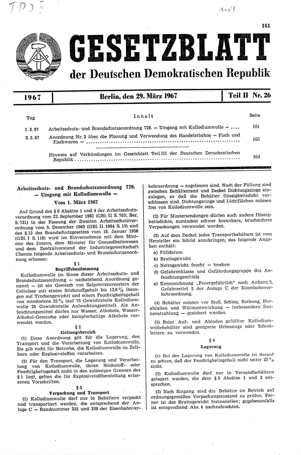 Gesetzblatt (GBl.) der Deutschen Demokratischen Republik (DDR) Teil ⅠⅠ 1967, Seite 161 (GBl. DDR ⅠⅠ 1967, S. 161)