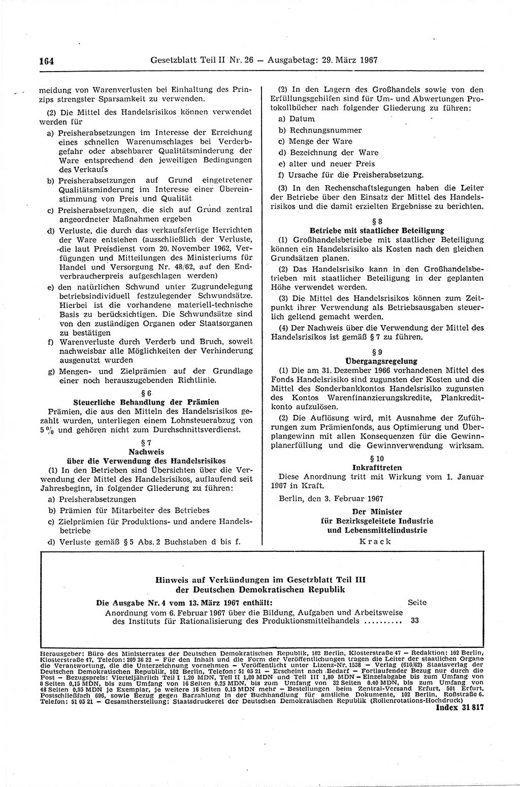 Gesetzblatt (GBl.) der Deutschen Demokratischen Republik (DDR) Teil ⅠⅠ 1967, Seite 164 (GBl. DDR ⅠⅠ 1967, S. 164)