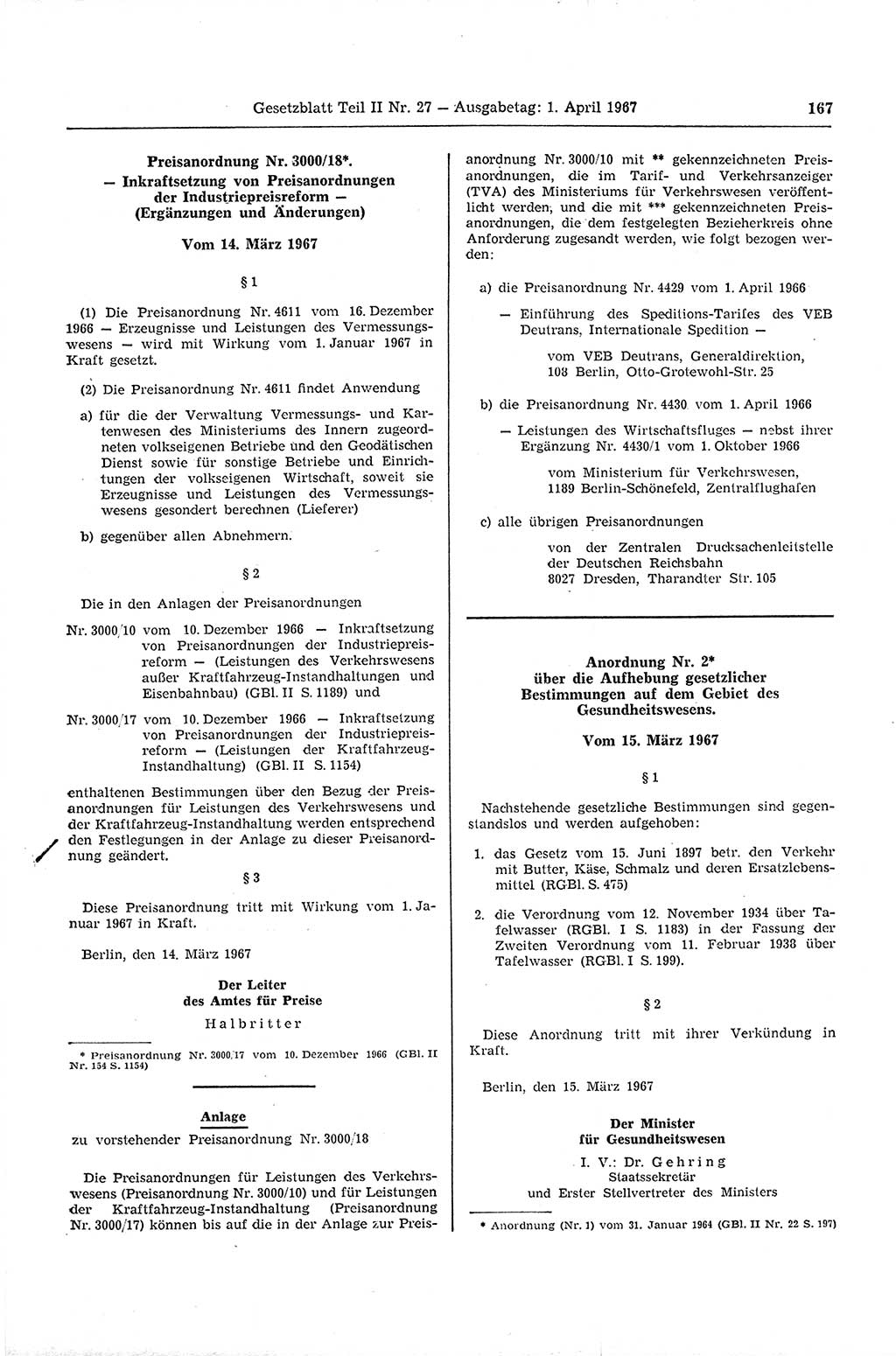 Gesetzblatt (GBl.) der Deutschen Demokratischen Republik (DDR) Teil ⅠⅠ 1967, Seite 167 (GBl. DDR ⅠⅠ 1967, S. 167)