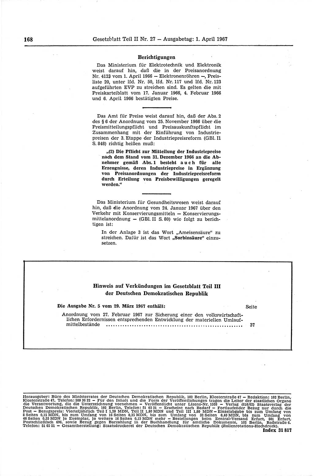 Gesetzblatt (GBl.) der Deutschen Demokratischen Republik (DDR) Teil ⅠⅠ 1967, Seite 168 (GBl. DDR ⅠⅠ 1967, S. 168)