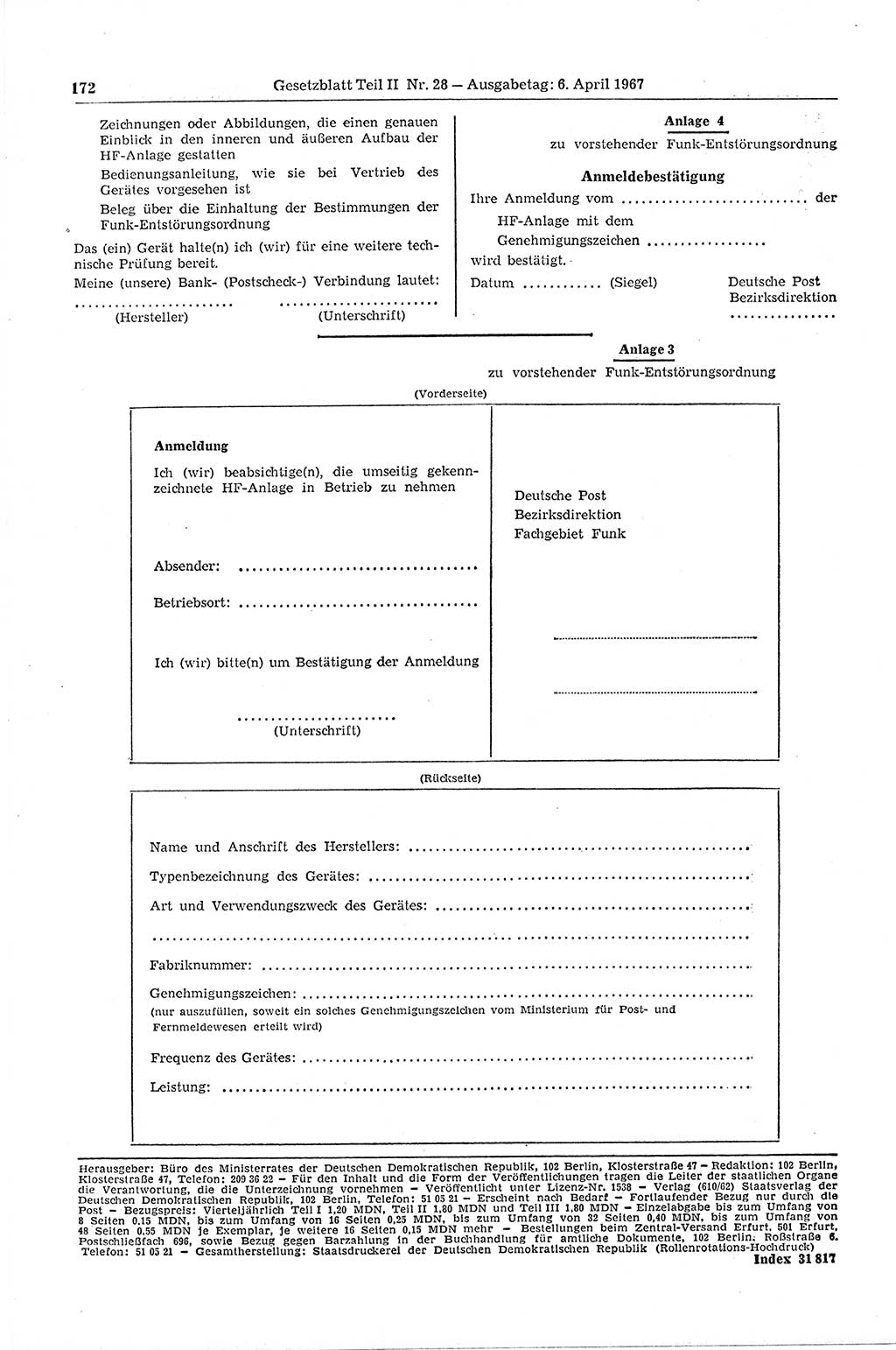 Gesetzblatt (GBl.) der Deutschen Demokratischen Republik (DDR) Teil ⅠⅠ 1967, Seite 172 (GBl. DDR ⅠⅠ 1967, S. 172)