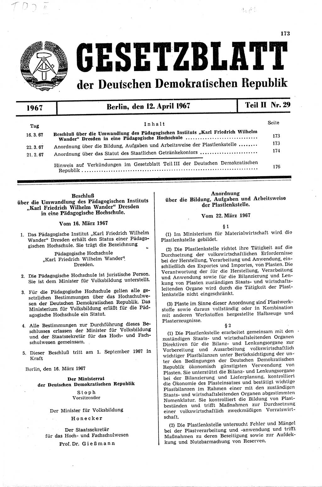Gesetzblatt (GBl.) der Deutschen Demokratischen Republik (DDR) Teil ⅠⅠ 1967, Seite 173 (GBl. DDR ⅠⅠ 1967, S. 173)