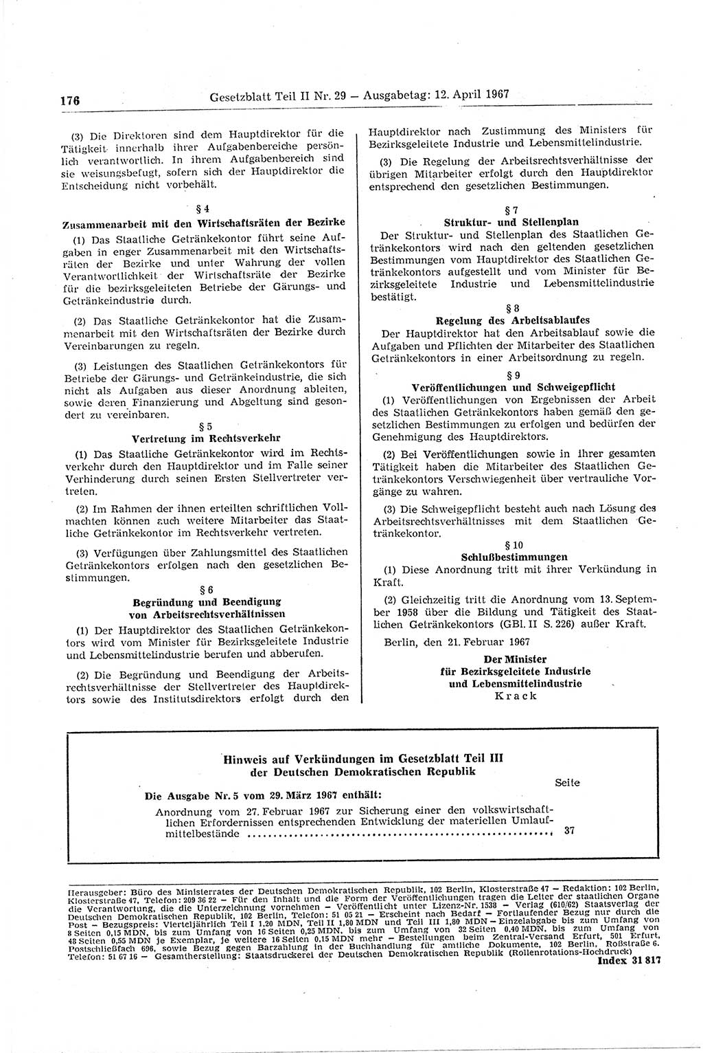 Gesetzblatt (GBl.) der Deutschen Demokratischen Republik (DDR) Teil ⅠⅠ 1967, Seite 176 (GBl. DDR ⅠⅠ 1967, S. 176)