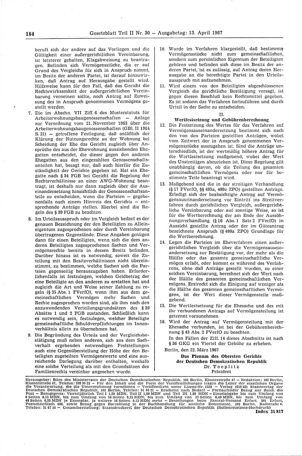 Gesetzblatt (GBl.) der Deutschen Demokratischen Republik (DDR) Teil ⅠⅠ 1967, Seite 184 (GBl. DDR ⅠⅠ 1967, S. 184)
