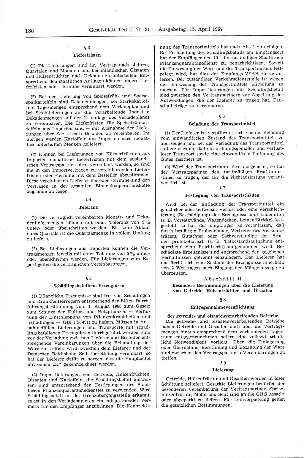 Gesetzblatt (GBl.) der Deutschen Demokratischen Republik (DDR) Teil ⅠⅠ 1967, Seite 186 (GBl. DDR ⅠⅠ 1967, S. 186)