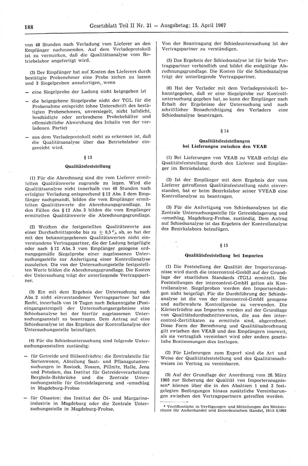 Gesetzblatt (GBl.) der Deutschen Demokratischen Republik (DDR) Teil ⅠⅠ 1967, Seite 188 (GBl. DDR ⅠⅠ 1967, S. 188)
