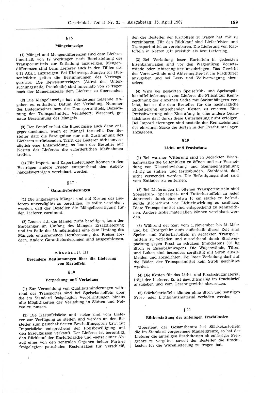 Gesetzblatt (GBl.) der Deutschen Demokratischen Republik (DDR) Teil ⅠⅠ 1967, Seite 189 (GBl. DDR ⅠⅠ 1967, S. 189)