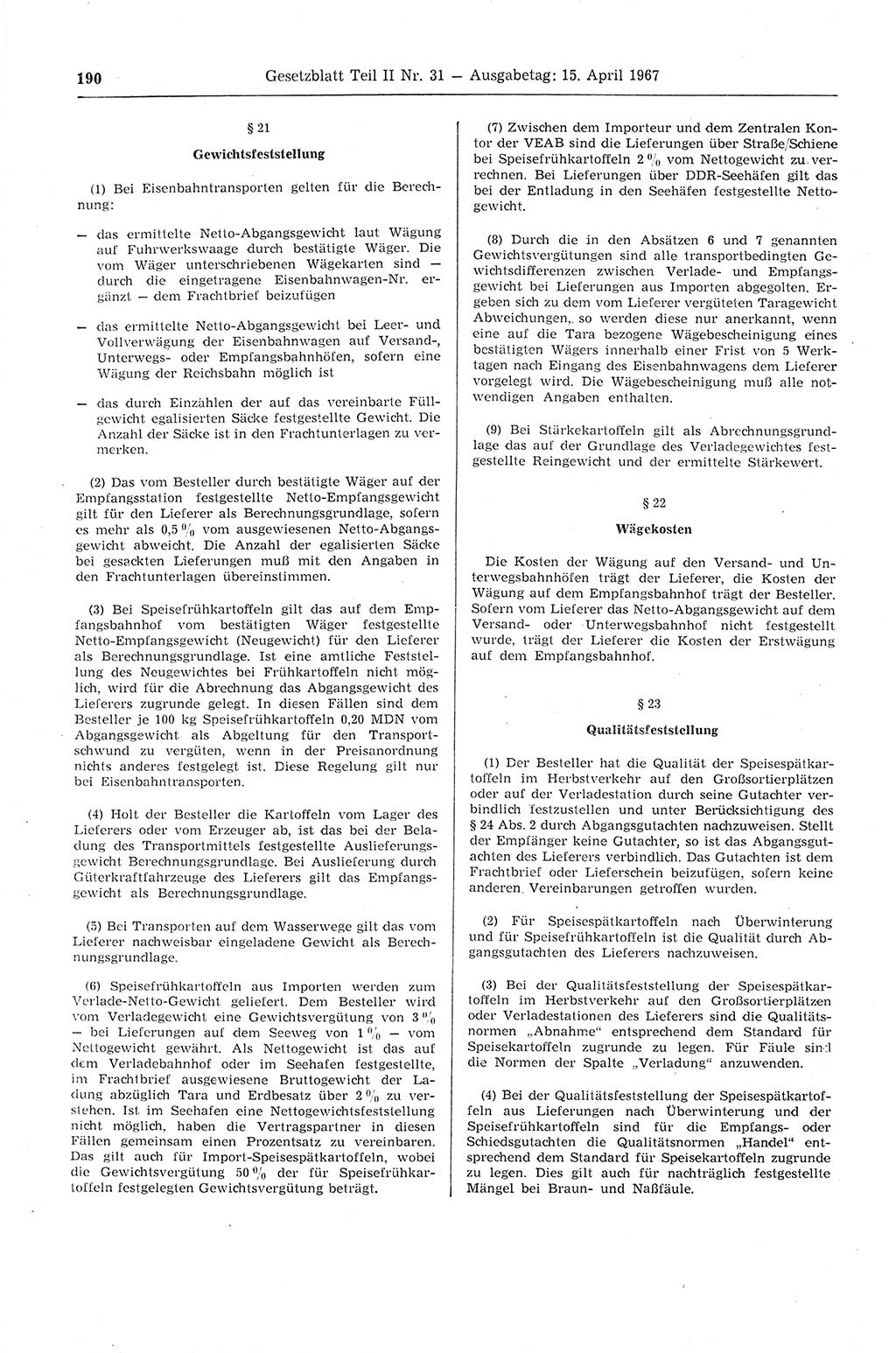 Gesetzblatt (GBl.) der Deutschen Demokratischen Republik (DDR) Teil ⅠⅠ 1967, Seite 190 (GBl. DDR ⅠⅠ 1967, S. 190)