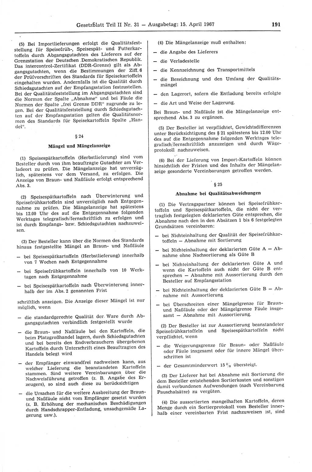 Gesetzblatt (GBl.) der Deutschen Demokratischen Republik (DDR) Teil ⅠⅠ 1967, Seite 191 (GBl. DDR ⅠⅠ 1967, S. 191)