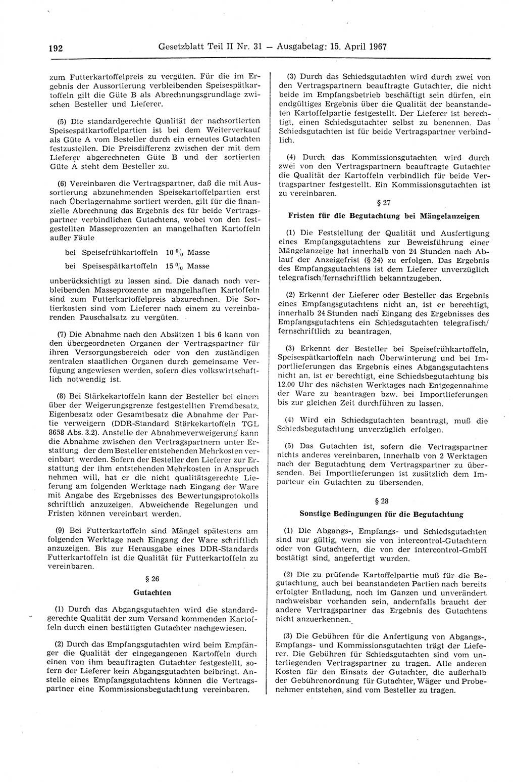 Gesetzblatt (GBl.) der Deutschen Demokratischen Republik (DDR) Teil ⅠⅠ 1967, Seite 192 (GBl. DDR ⅠⅠ 1967, S. 192)