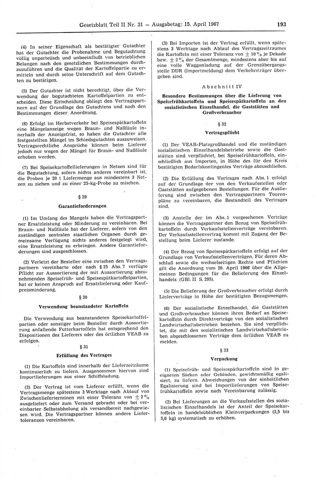 Gesetzblatt (GBl.) der Deutschen Demokratischen Republik (DDR) Teil ⅠⅠ 1967, Seite 193 (GBl. DDR ⅠⅠ 1967, S. 193)