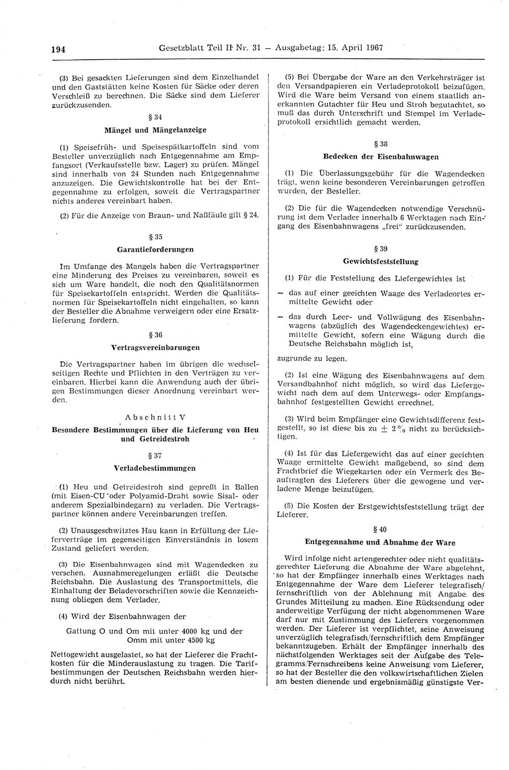 Gesetzblatt (GBl.) der Deutschen Demokratischen Republik (DDR) Teil ⅠⅠ 1967, Seite 194 (GBl. DDR ⅠⅠ 1967, S. 194)