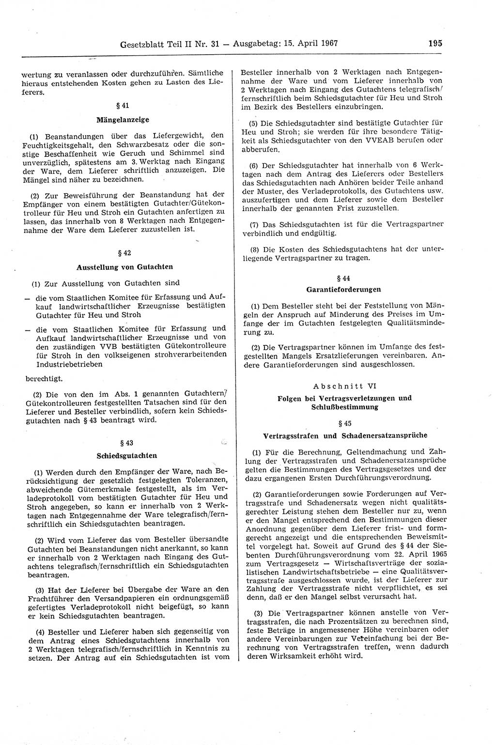 Gesetzblatt (GBl.) der Deutschen Demokratischen Republik (DDR) Teil ⅠⅠ 1967, Seite 195 (GBl. DDR ⅠⅠ 1967, S. 195)