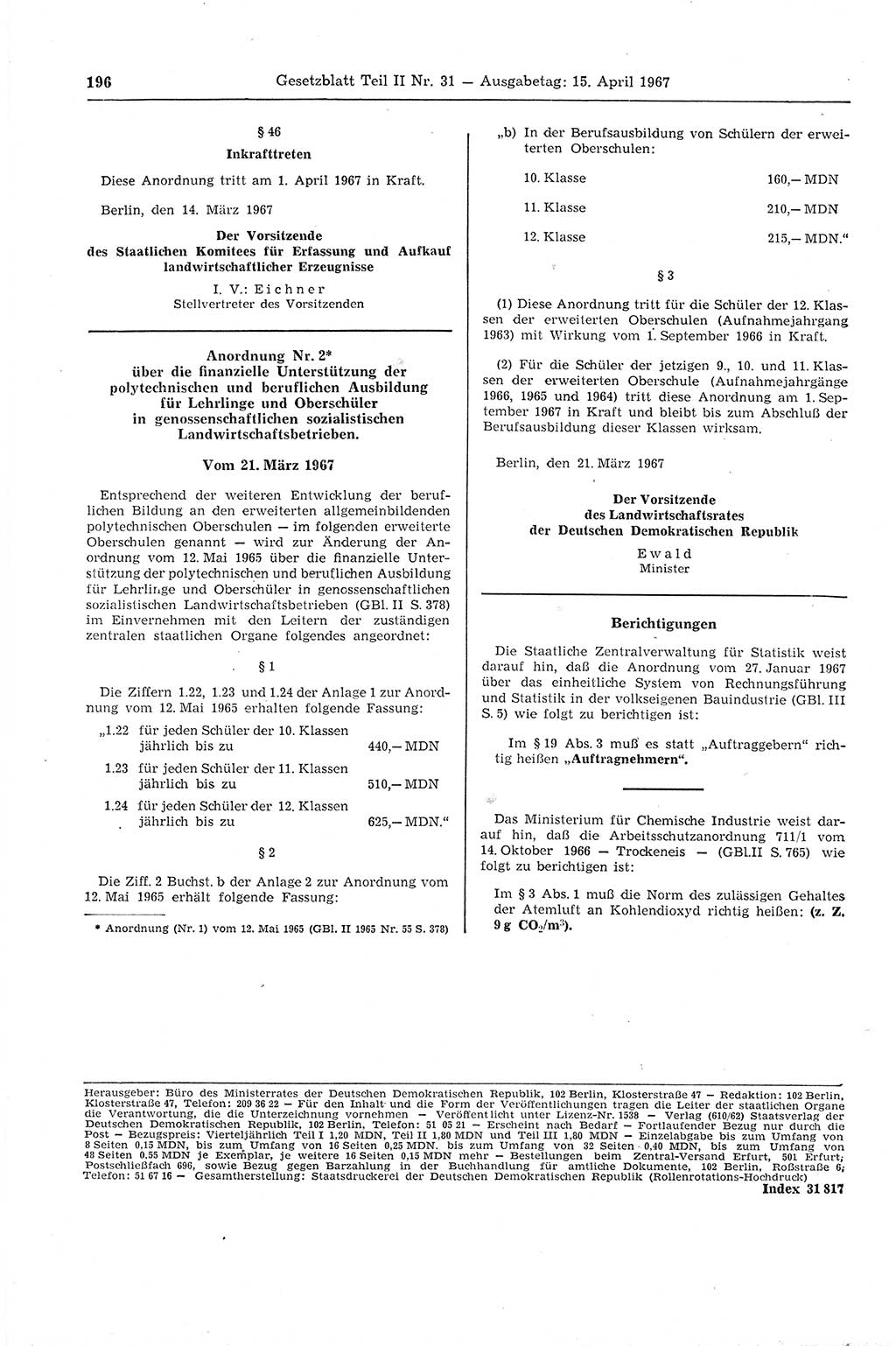 Gesetzblatt (GBl.) der Deutschen Demokratischen Republik (DDR) Teil ⅠⅠ 1967, Seite 196 (GBl. DDR ⅠⅠ 1967, S. 196)