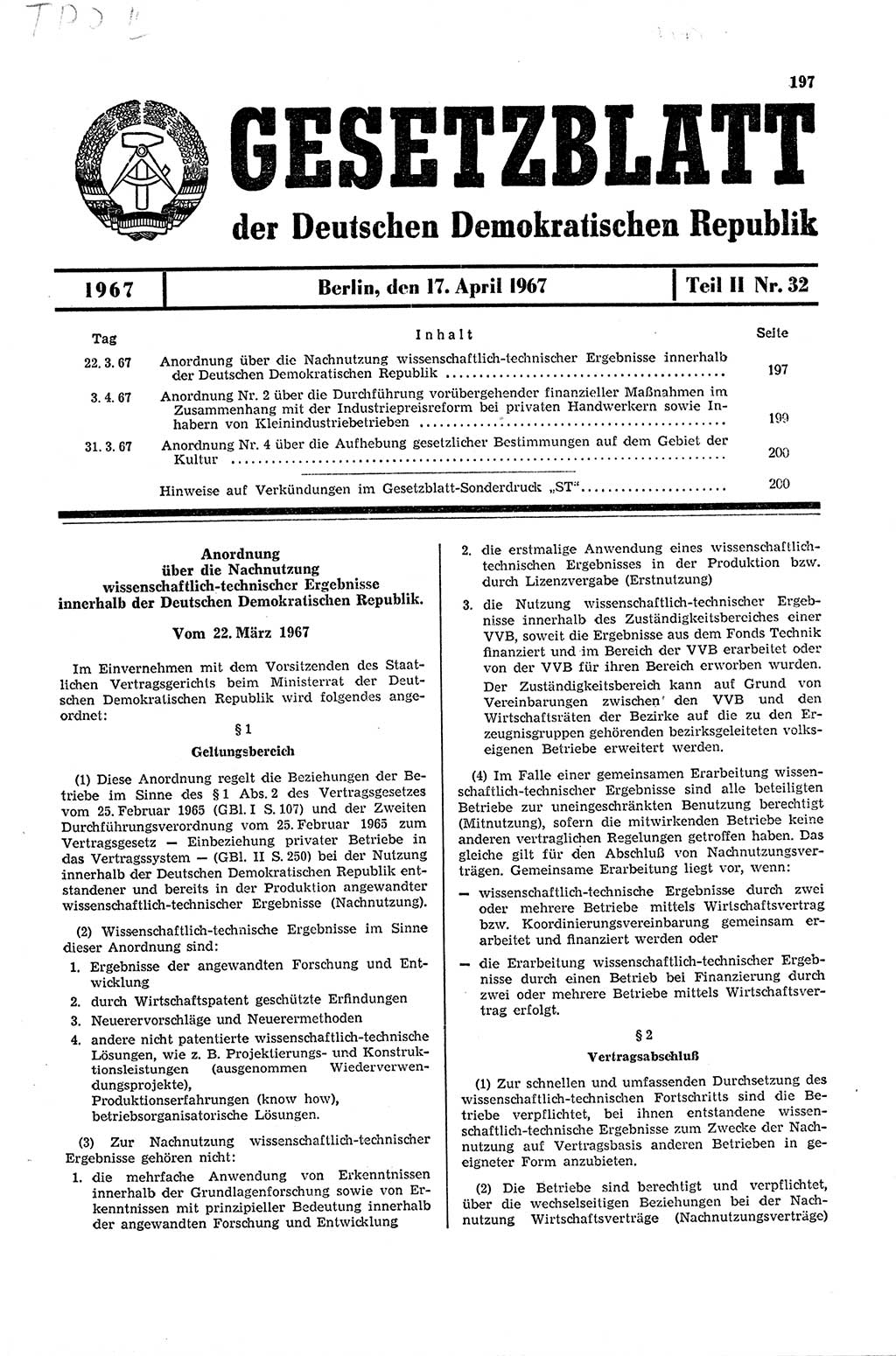 Gesetzblatt (GBl.) der Deutschen Demokratischen Republik (DDR) Teil ⅠⅠ 1967, Seite 197 (GBl. DDR ⅠⅠ 1967, S. 197)