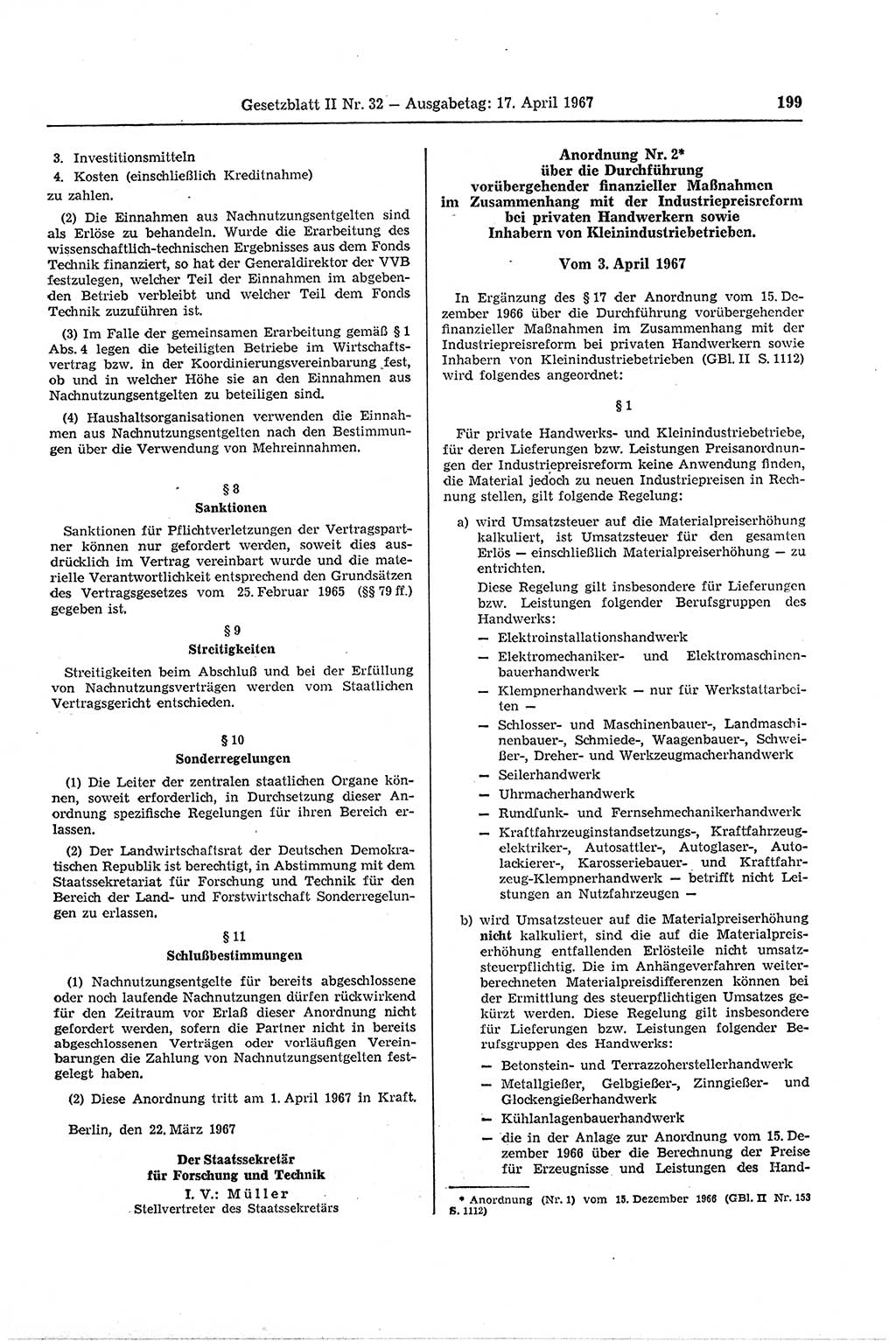 Gesetzblatt (GBl.) der Deutschen Demokratischen Republik (DDR) Teil ⅠⅠ 1967, Seite 199 (GBl. DDR ⅠⅠ 1967, S. 199)