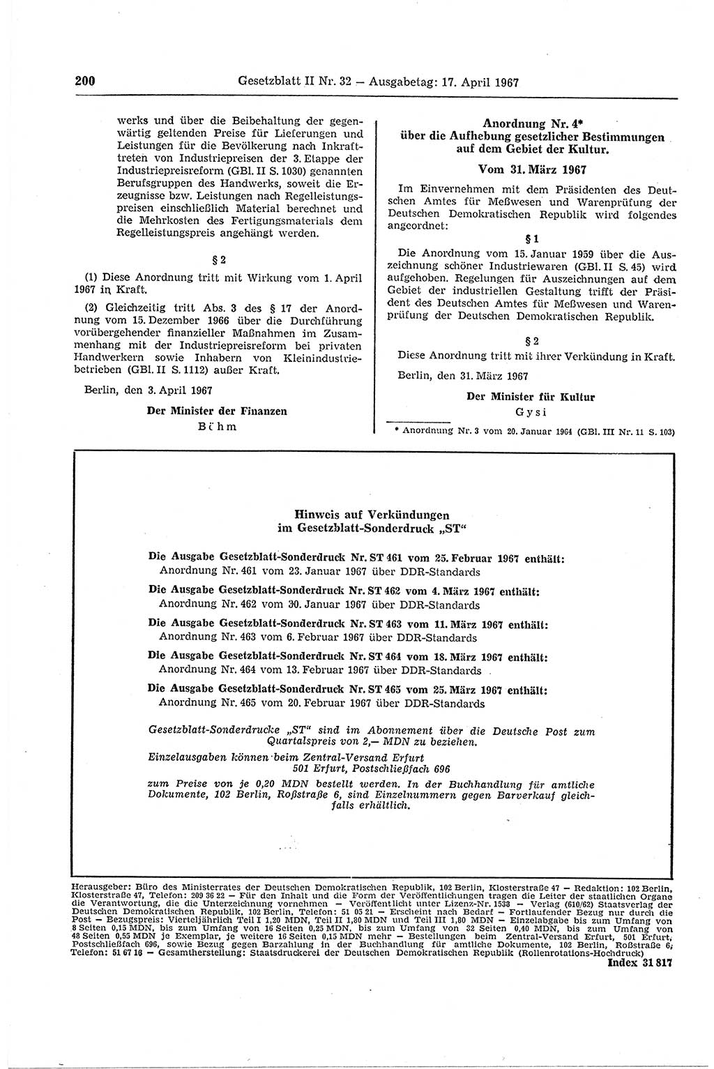 Gesetzblatt (GBl.) der Deutschen Demokratischen Republik (DDR) Teil ⅠⅠ 1967, Seite 200 (GBl. DDR ⅠⅠ 1967, S. 200)