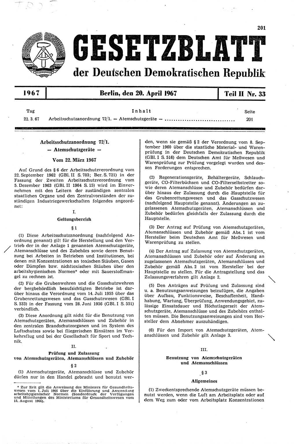Gesetzblatt (GBl.) der Deutschen Demokratischen Republik (DDR) Teil ⅠⅠ 1967, Seite 201 (GBl. DDR ⅠⅠ 1967, S. 201)