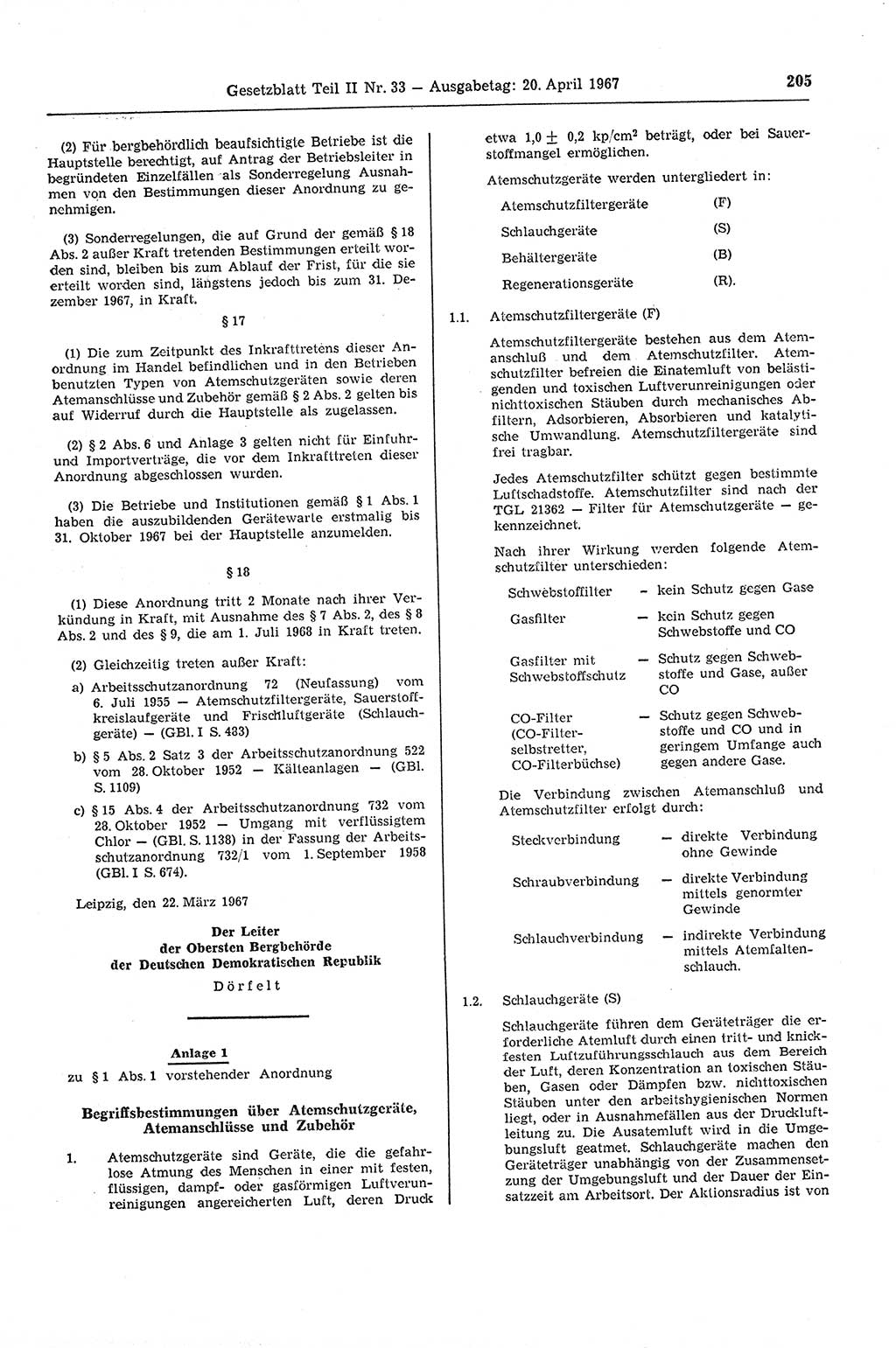 Gesetzblatt (GBl.) der Deutschen Demokratischen Republik (DDR) Teil ⅠⅠ 1967, Seite 205 (GBl. DDR ⅠⅠ 1967, S. 205)