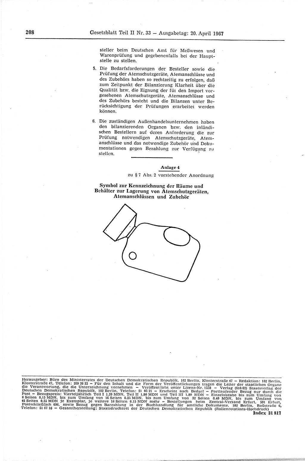 Gesetzblatt (GBl.) der Deutschen Demokratischen Republik (DDR) Teil ⅠⅠ 1967, Seite 208 (GBl. DDR ⅠⅠ 1967, S. 208)