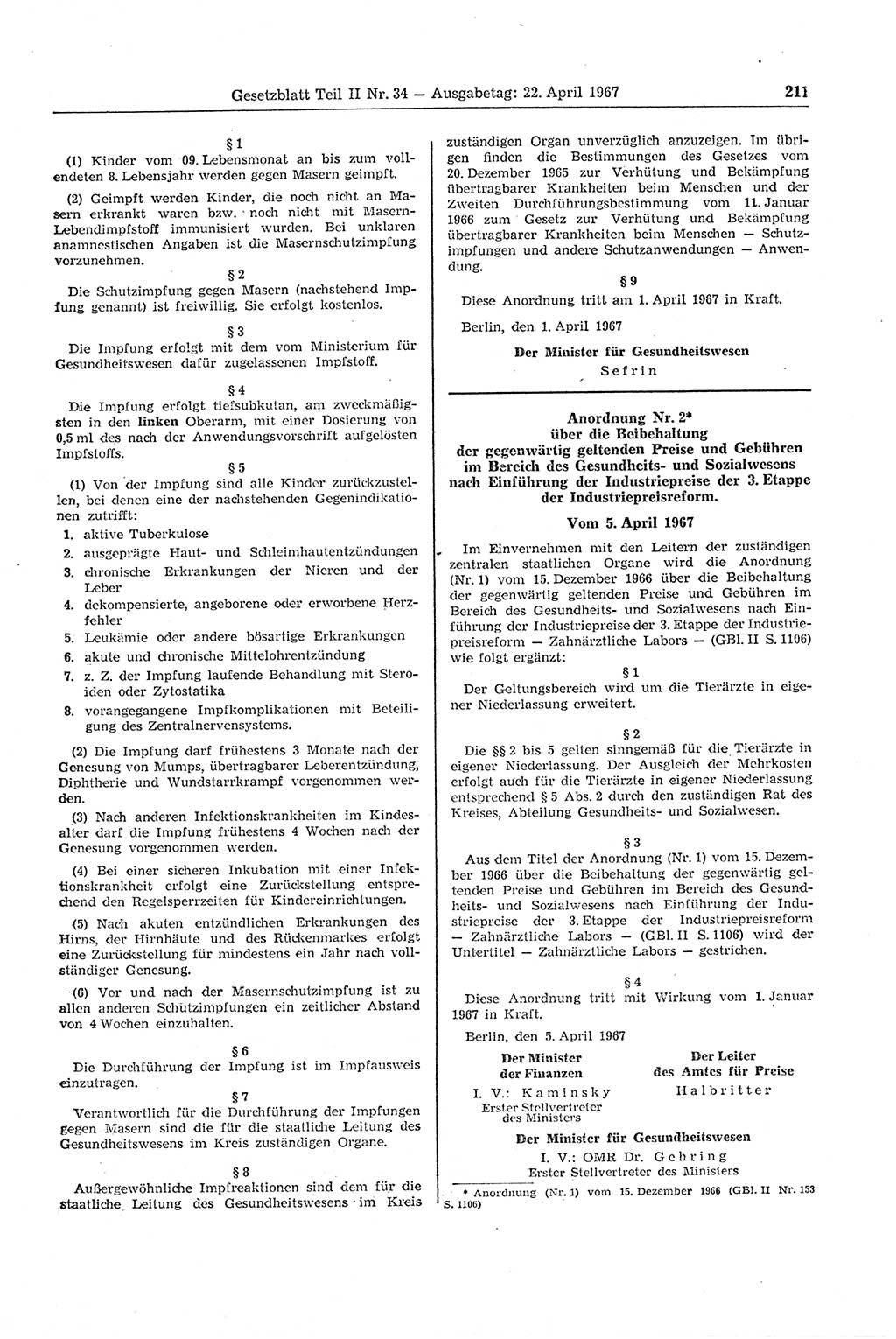 Gesetzblatt (GBl.) der Deutschen Demokratischen Republik (DDR) Teil ⅠⅠ 1967, Seite 211 (GBl. DDR ⅠⅠ 1967, S. 211)