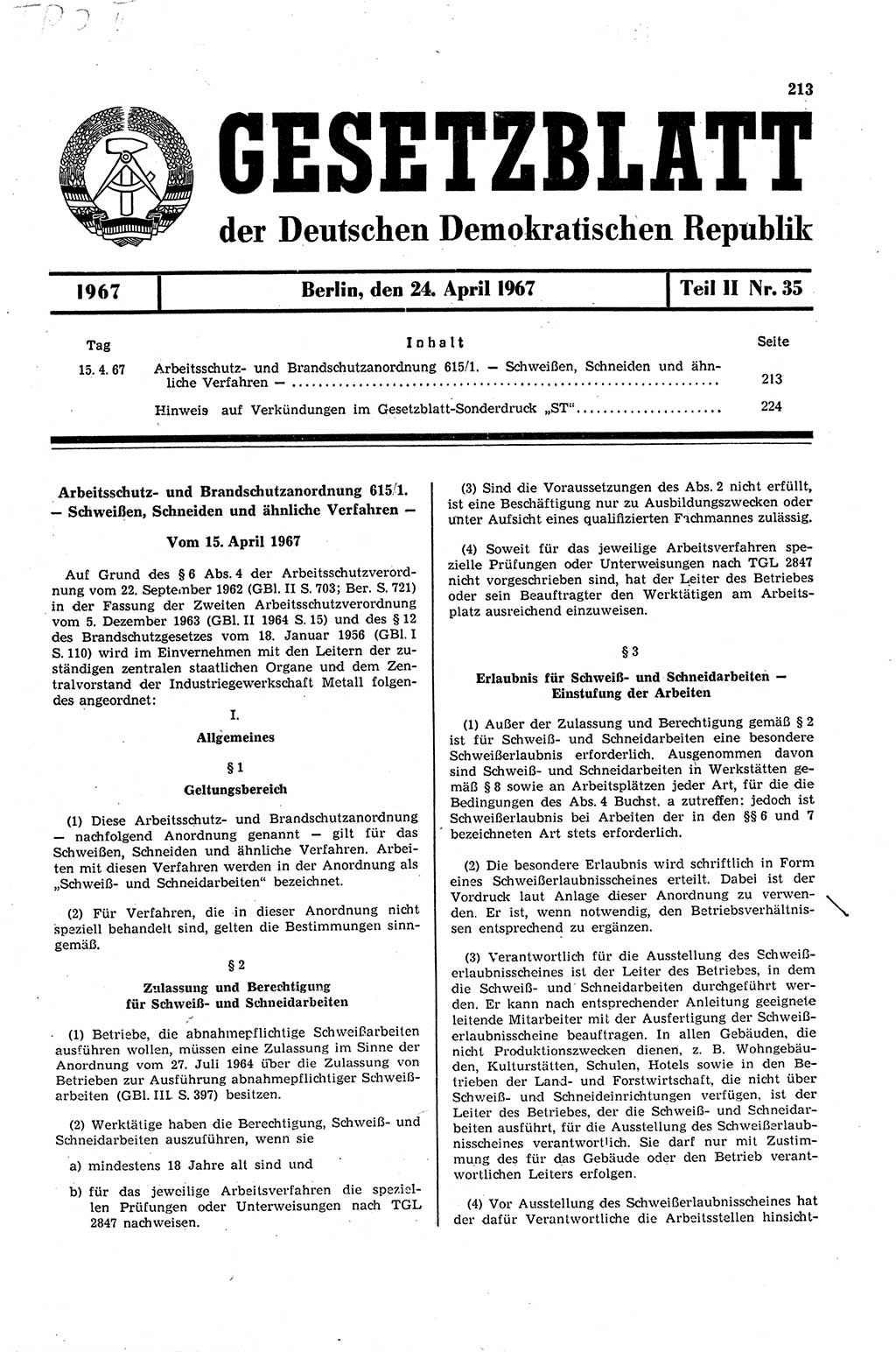 Gesetzblatt (GBl.) der Deutschen Demokratischen Republik (DDR) Teil ⅠⅠ 1967, Seite 213 (GBl. DDR ⅠⅠ 1967, S. 213)