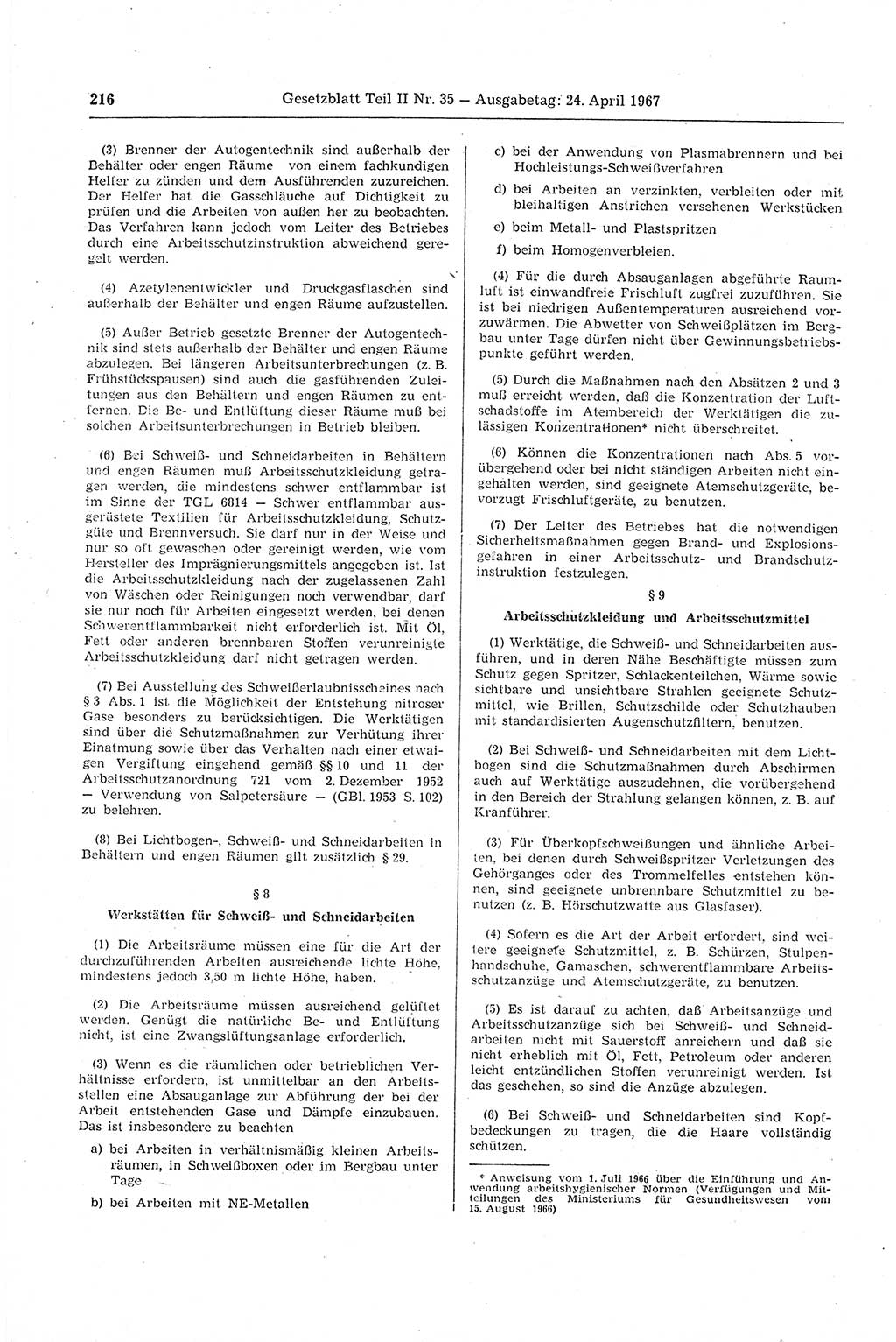 Gesetzblatt (GBl.) der Deutschen Demokratischen Republik (DDR) Teil ⅠⅠ 1967, Seite 216 (GBl. DDR ⅠⅠ 1967, S. 216)