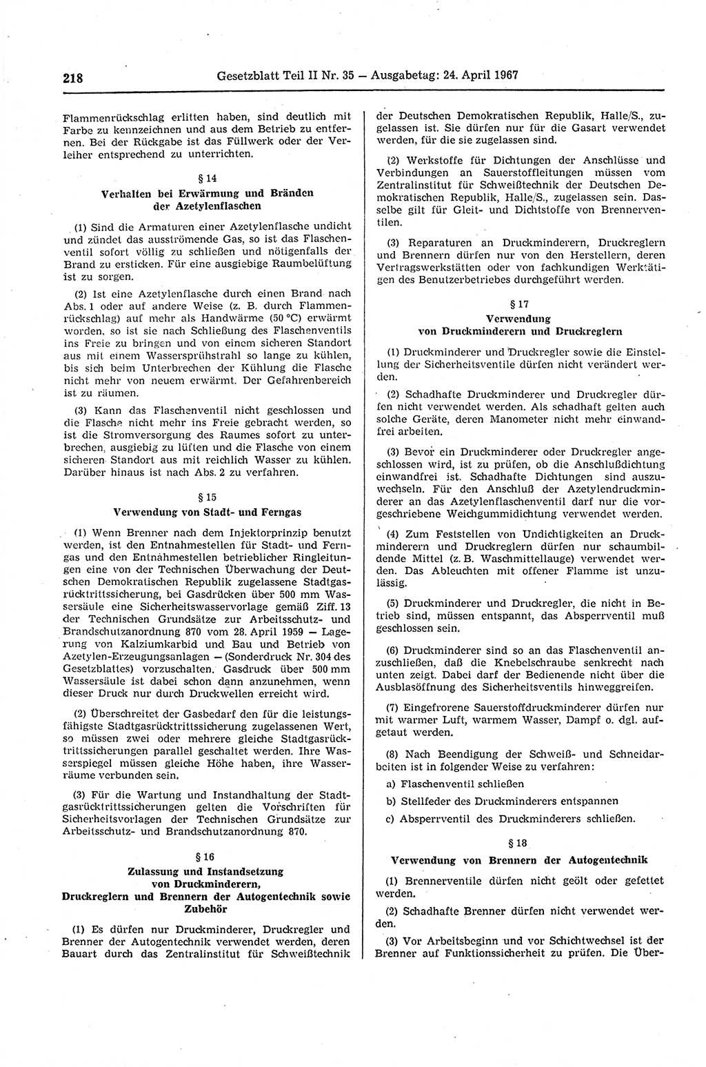 Gesetzblatt (GBl.) der Deutschen Demokratischen Republik (DDR) Teil ⅠⅠ 1967, Seite 218 (GBl. DDR ⅠⅠ 1967, S. 218)