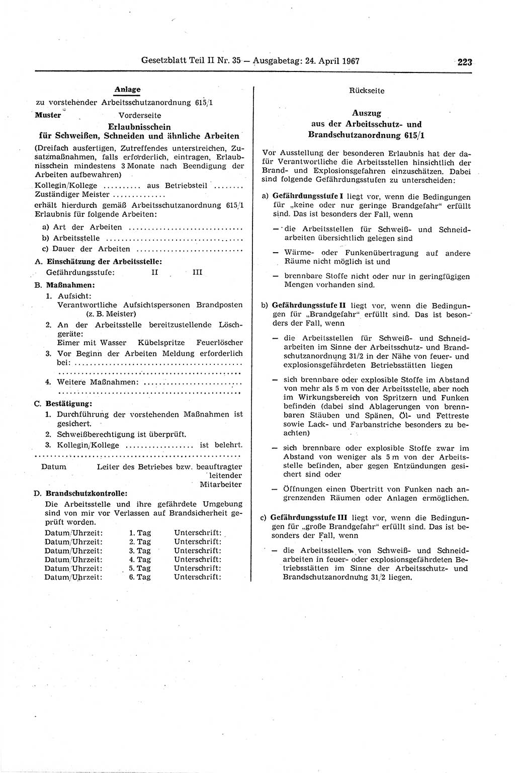 Gesetzblatt (GBl.) der Deutschen Demokratischen Republik (DDR) Teil ⅠⅠ 1967, Seite 223 (GBl. DDR ⅠⅠ 1967, S. 223)