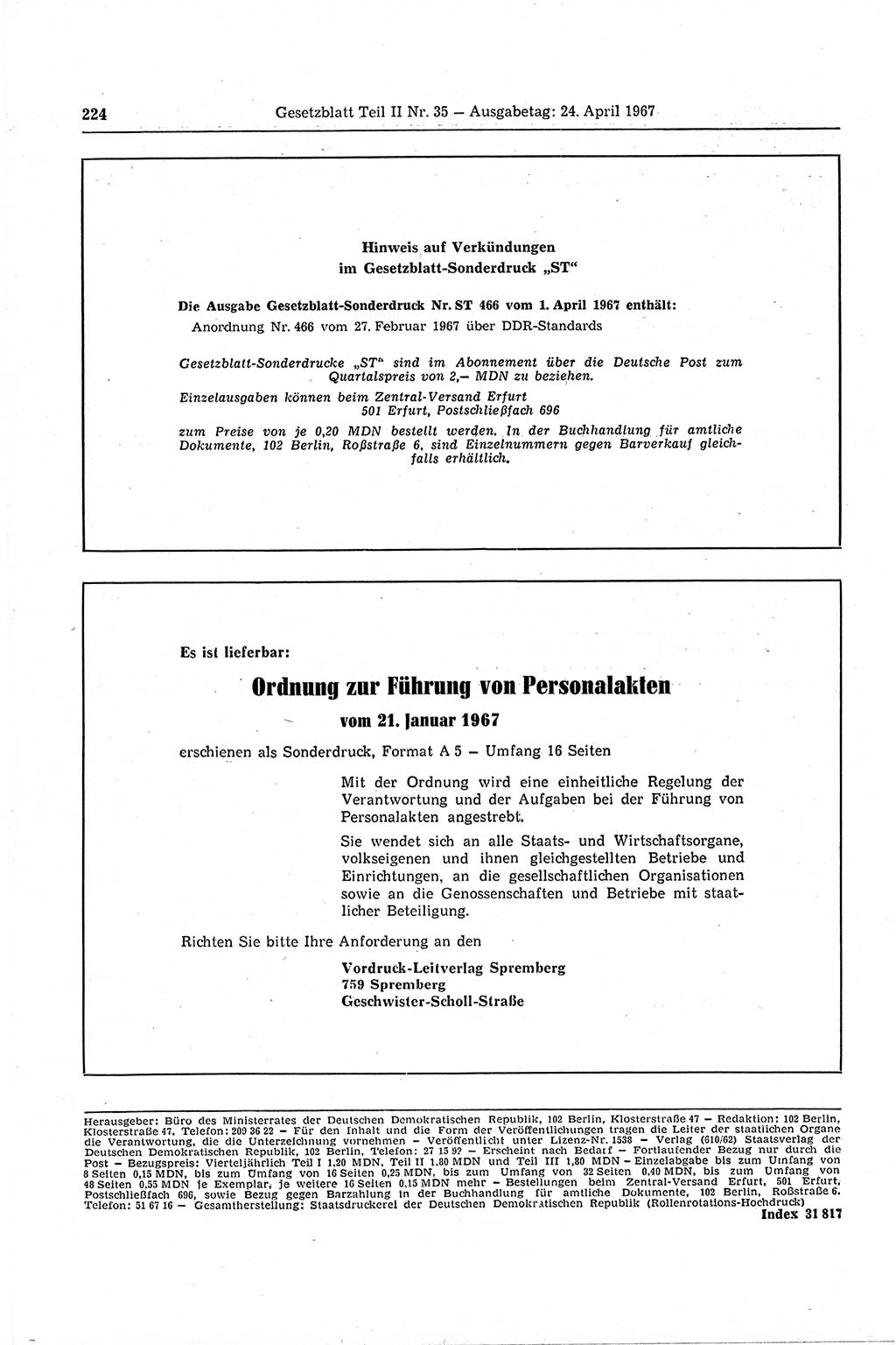 Gesetzblatt (GBl.) der Deutschen Demokratischen Republik (DDR) Teil ⅠⅠ 1967, Seite 224 (GBl. DDR ⅠⅠ 1967, S. 224)