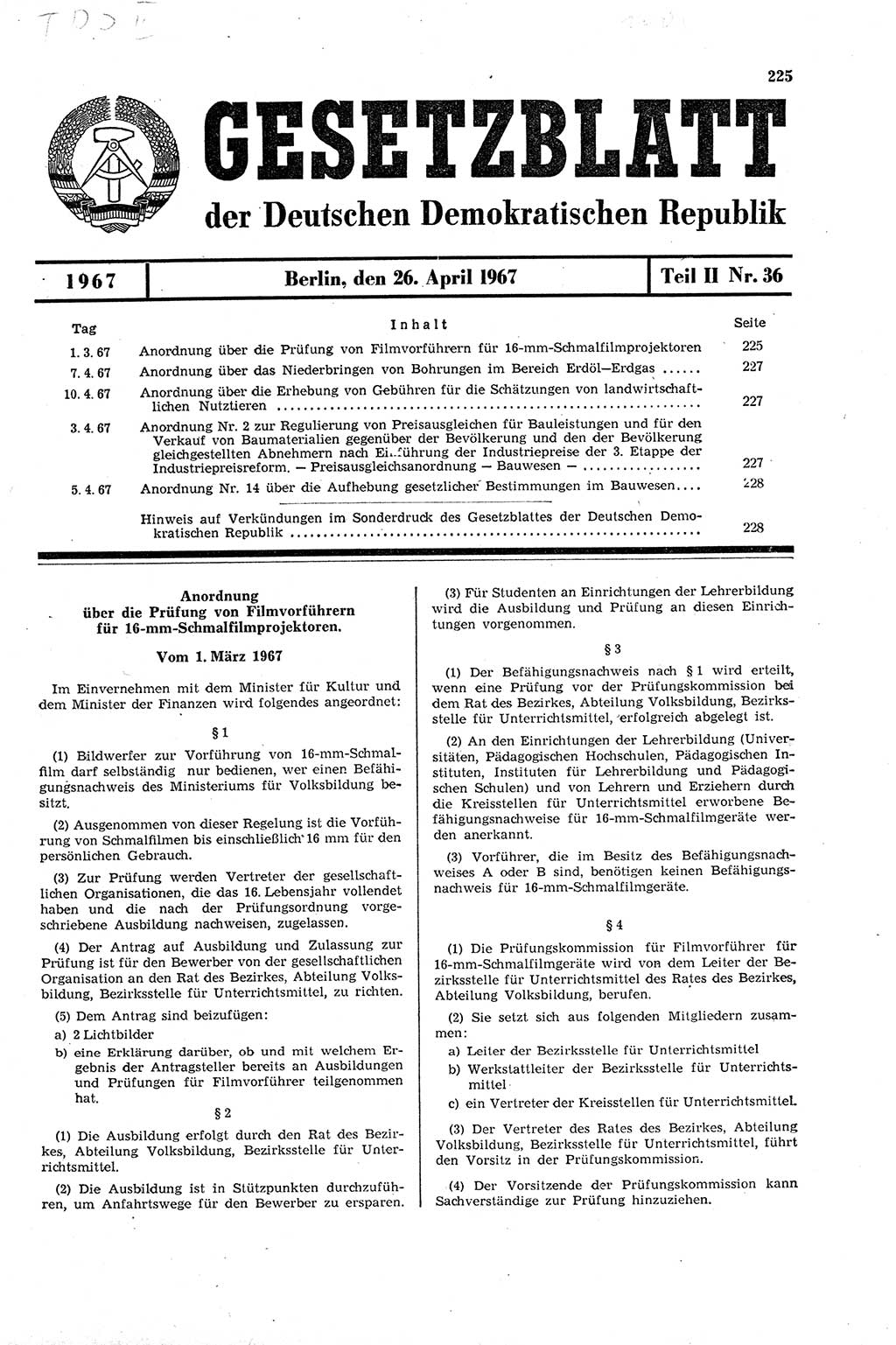 Gesetzblatt (GBl.) der Deutschen Demokratischen Republik (DDR) Teil ⅠⅠ 1967, Seite 225 (GBl. DDR ⅠⅠ 1967, S. 225)