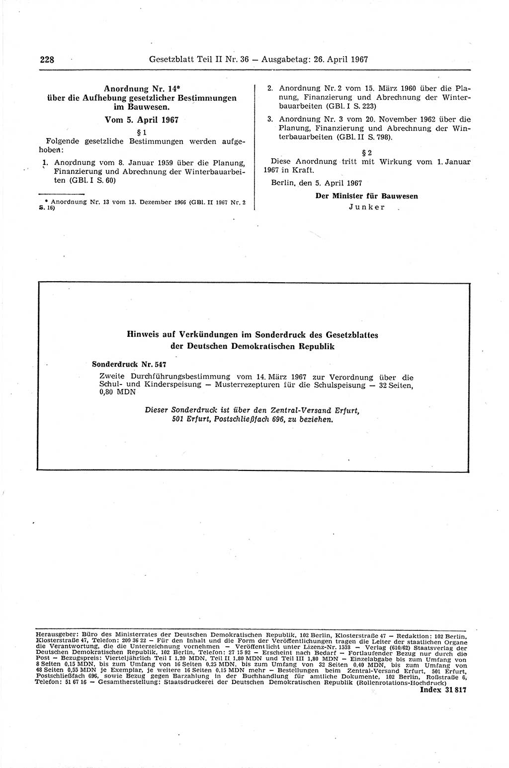 Gesetzblatt (GBl.) der Deutschen Demokratischen Republik (DDR) Teil ⅠⅠ 1967, Seite 228 (GBl. DDR ⅠⅠ 1967, S. 228)