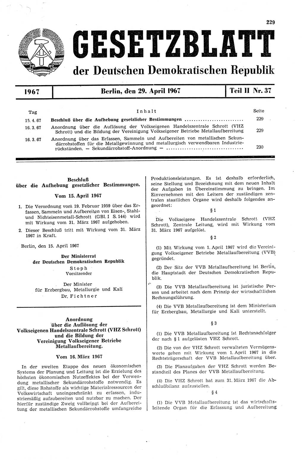 Gesetzblatt (GBl.) der Deutschen Demokratischen Republik (DDR) Teil ⅠⅠ 1967, Seite 229 (GBl. DDR ⅠⅠ 1967, S. 229)