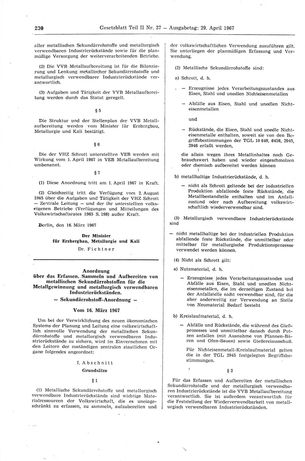 Gesetzblatt (GBl.) der Deutschen Demokratischen Republik (DDR) Teil ⅠⅠ 1967, Seite 230 (GBl. DDR ⅠⅠ 1967, S. 230)